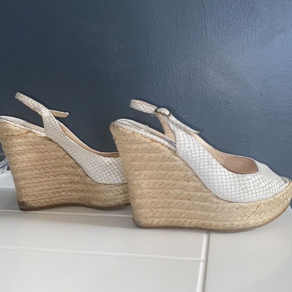 Jimmy Choo White Faux Snakeskin Sling Back Peep Toe Wedge - Picture 3 of 11